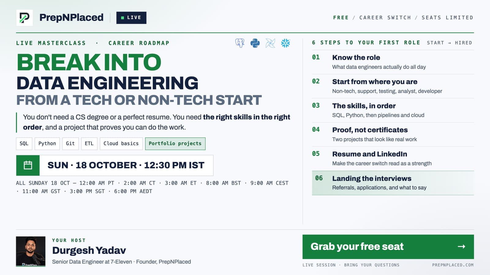 Break Into Data Engineering — PrepNPlaced live webinar