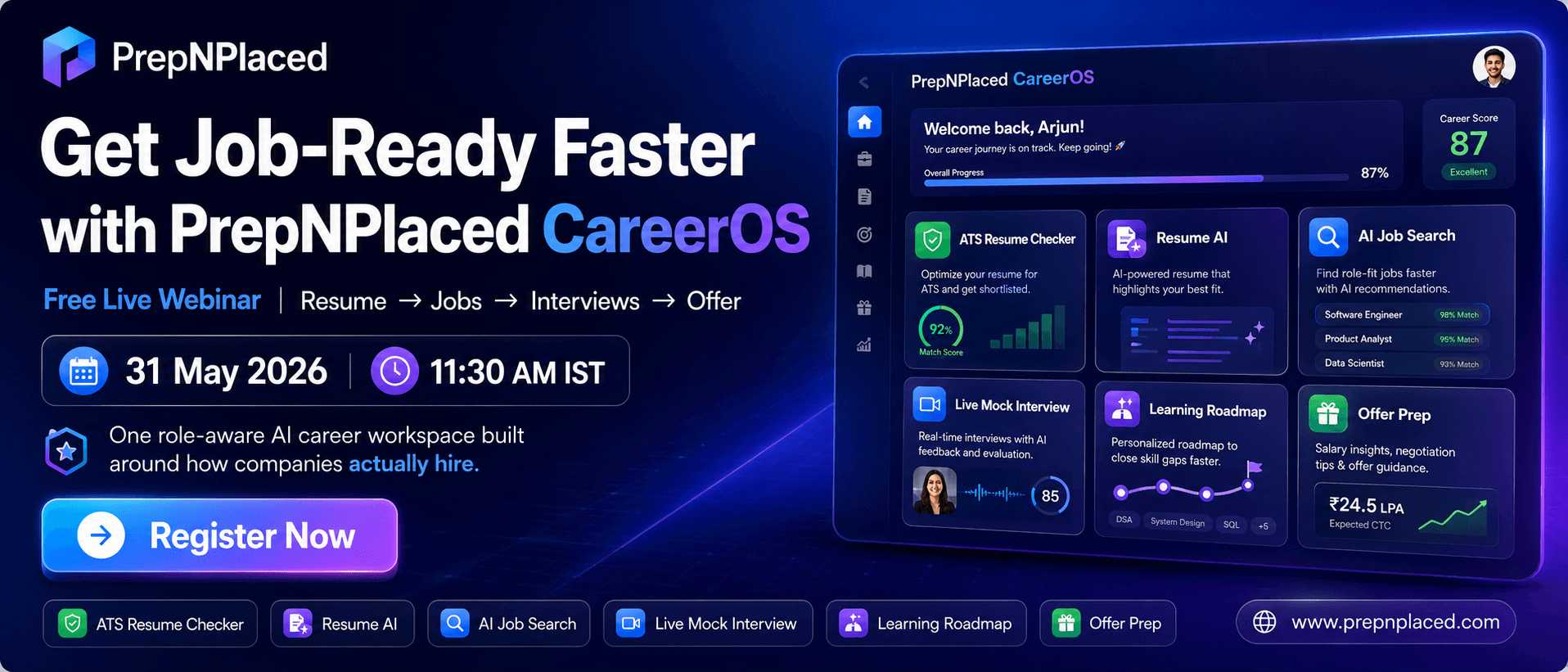 PrepNPlaced CareerOS free live webinar banner
