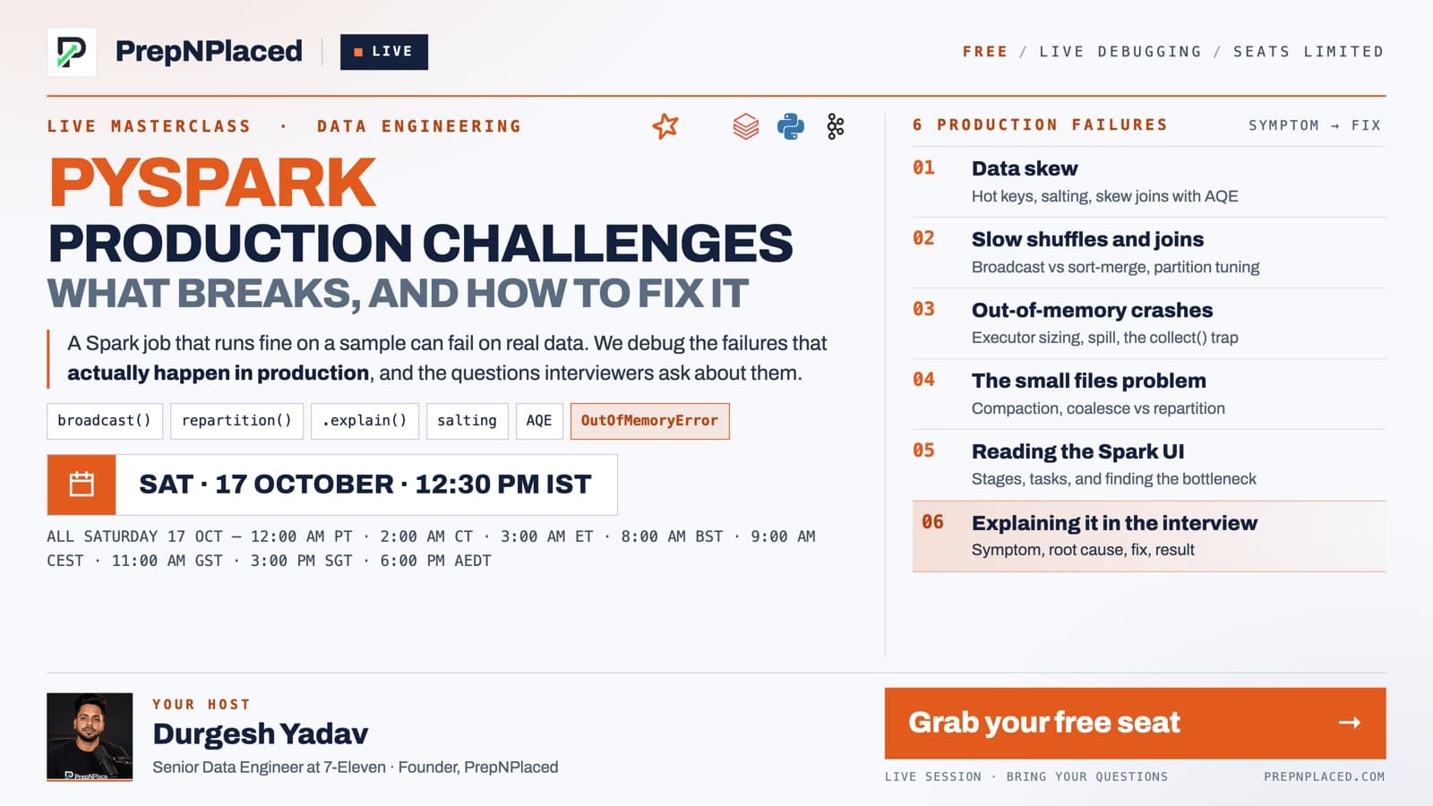 PySpark Production Challenges — PrepNPlaced live webinar