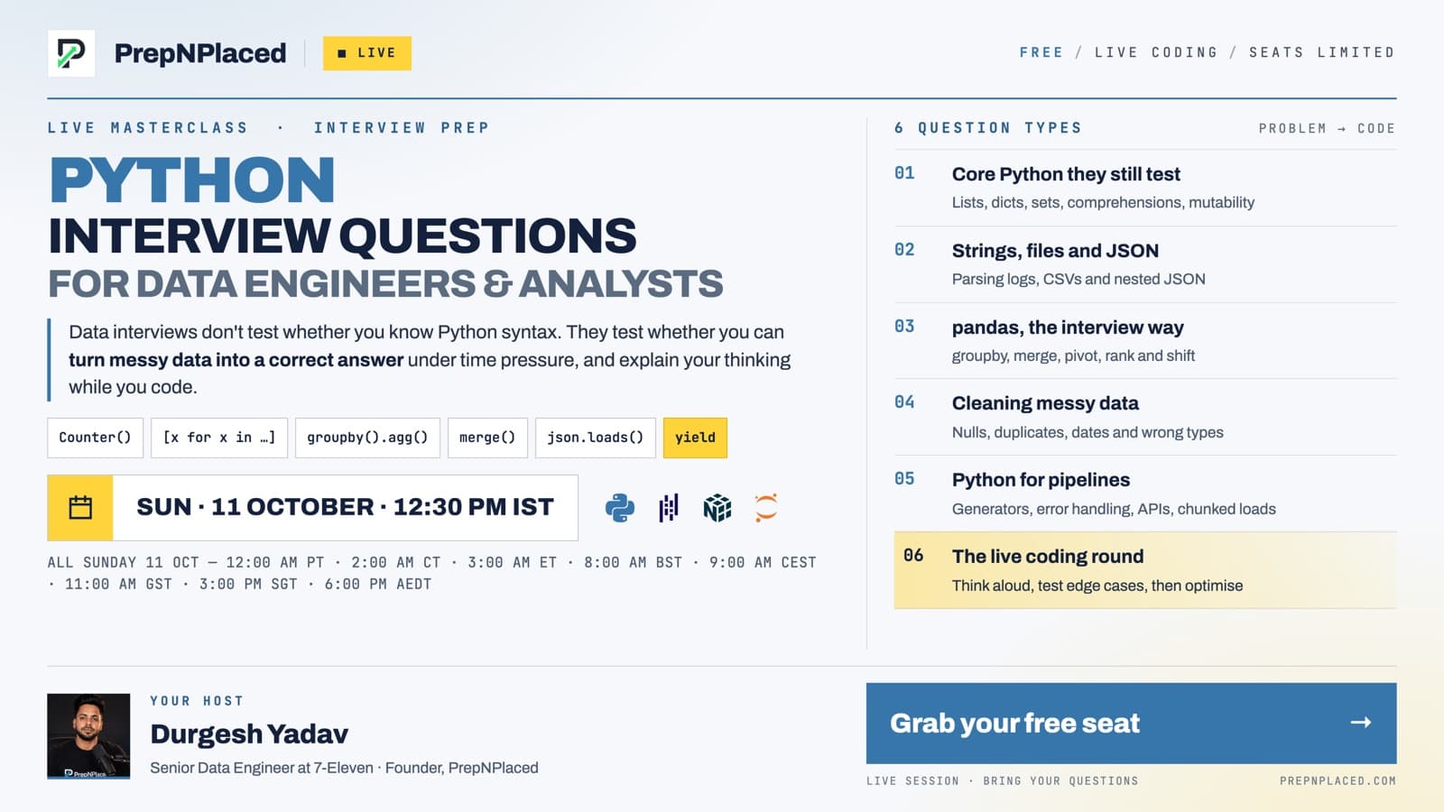 Python Interview Questions for Data Engineers & Analysts — PrepNPlaced live webinar