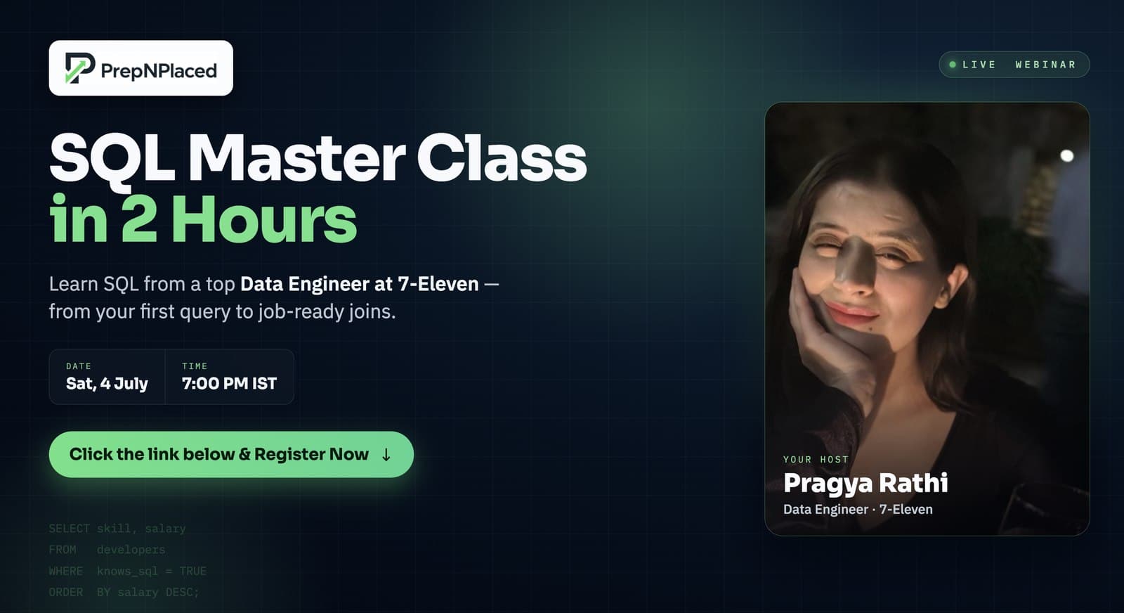 SQL Master Class — PrepNPlaced live webinar