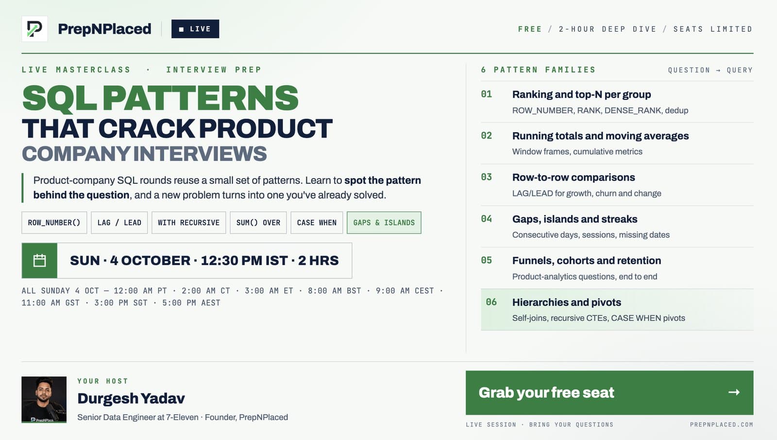 SQL Patterns That Crack Product Company Interviews — PrepNPlaced live webinar
