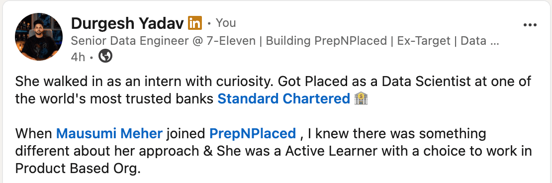 Durgesh Yadav's LinkedIn post: she walked in as an intern with curiosity, got placed as a Data Scientist at Standard Chartered
