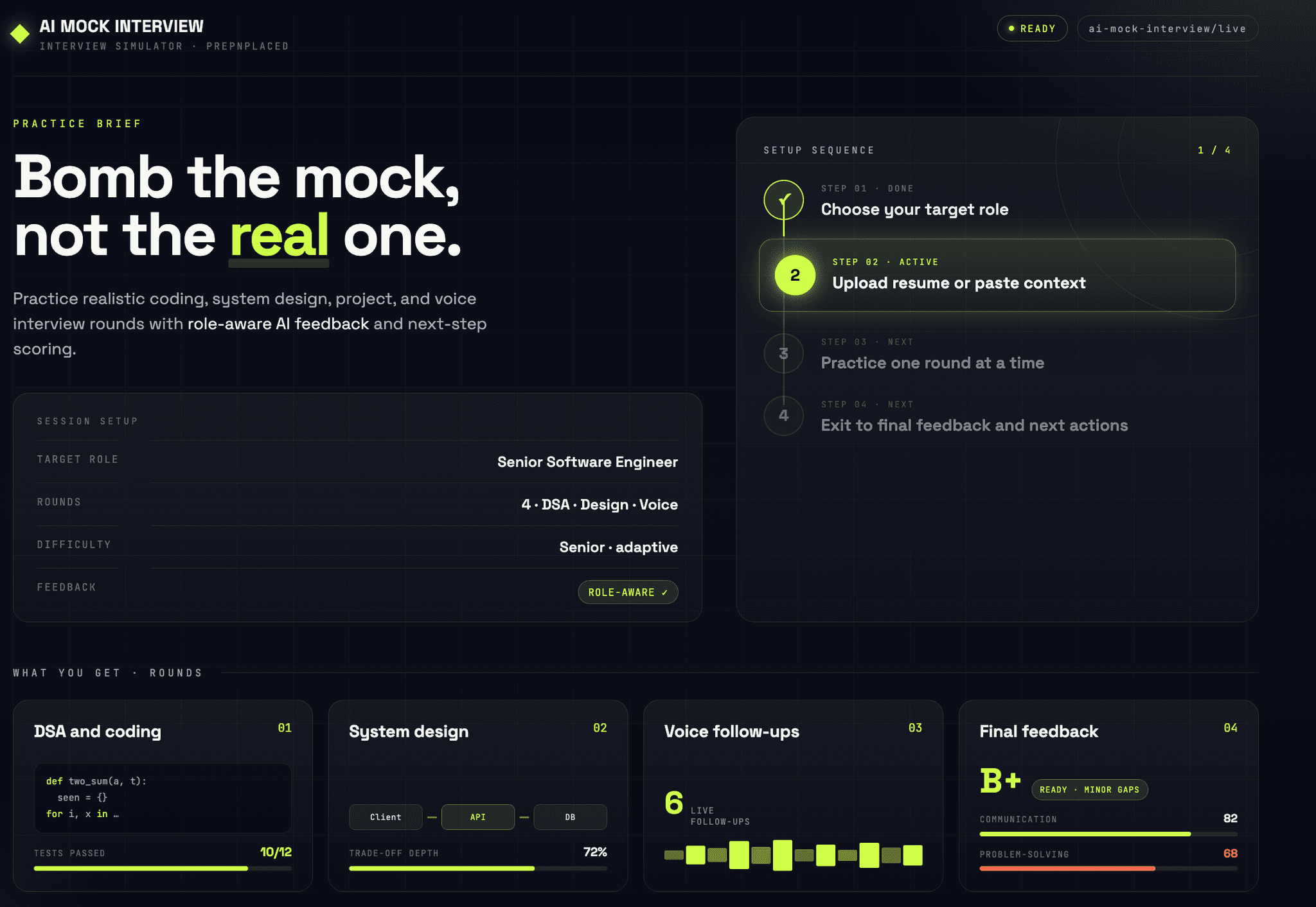 PrepNPlaced AI Mock Interview workspace showing DSA, system design, and voice rounds with role-aware final feedback