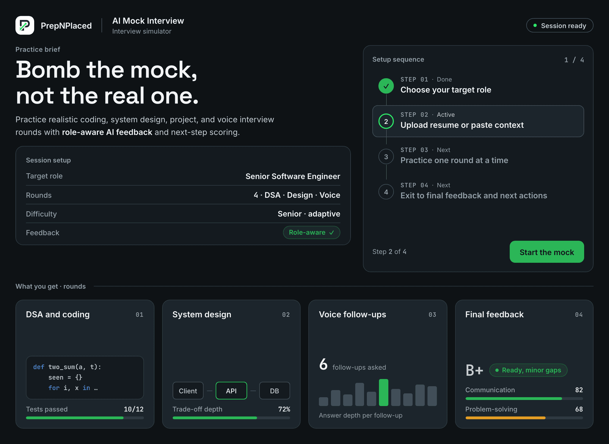 PrepNPlaced AI Mock Interview workspace showing DSA, system design, and voice rounds with role-aware final feedback