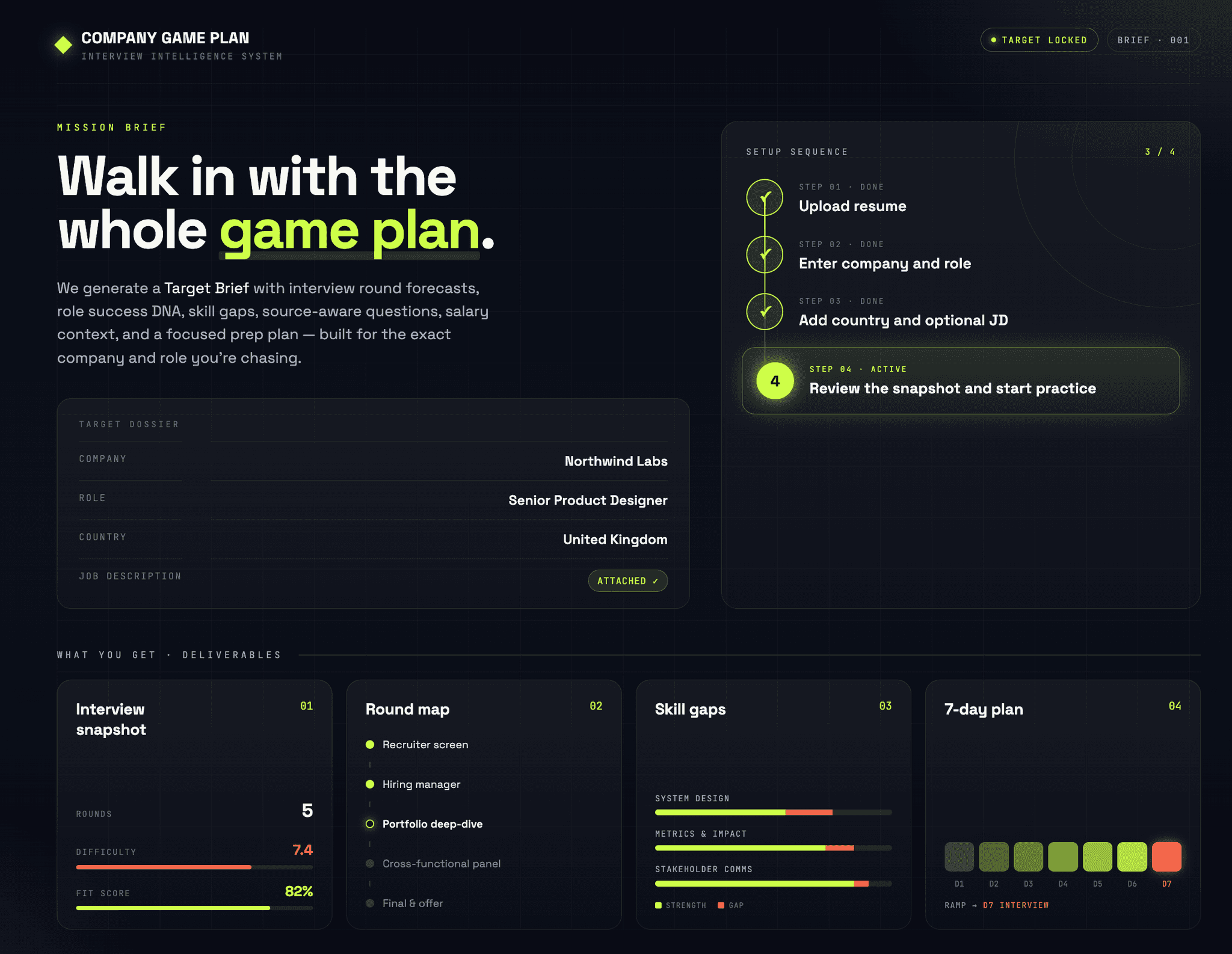 PrepNPlaced Company Game Plan workspace showing interview round map, skill gaps, difficulty and fit score, and a 7-day prep plan