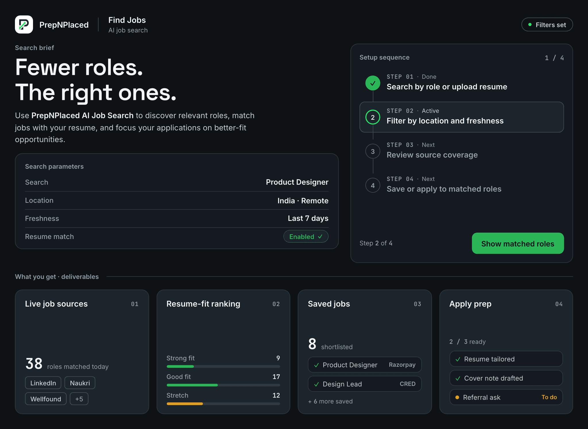 PrepNPlaced Find Jobs workspace showing live job sources, resume-fit ranking, saved jobs, and apply prep