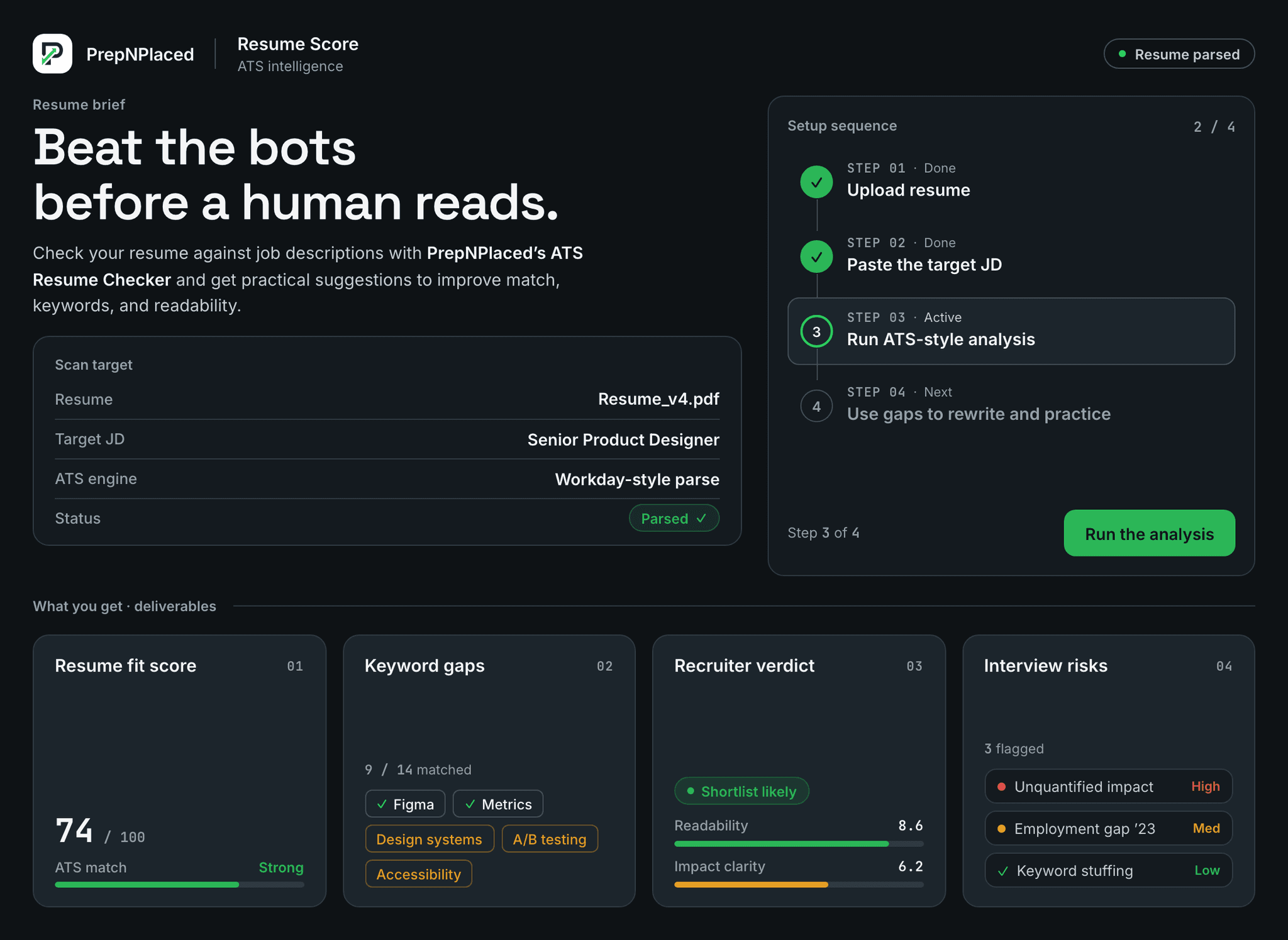 PrepNPlaced Resume Score workspace showing ATS fit score, keyword gaps, recruiter verdict, and interview risks