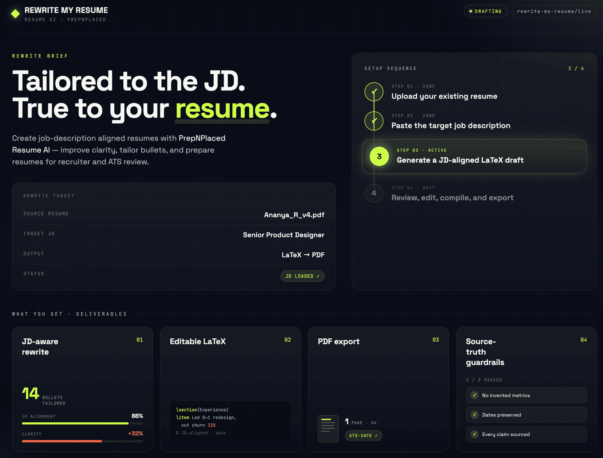 PrepNPlaced Rewrite My Resume workspace showing a JD-aligned rewrite with editable LaTeX, PDF export, and source-truth guardrails