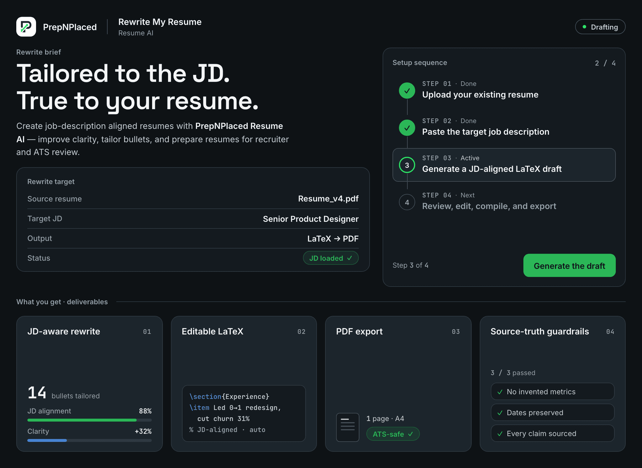 PrepNPlaced Rewrite My Resume workspace showing a JD-aligned rewrite with editable LaTeX, PDF export, and source-truth guardrails